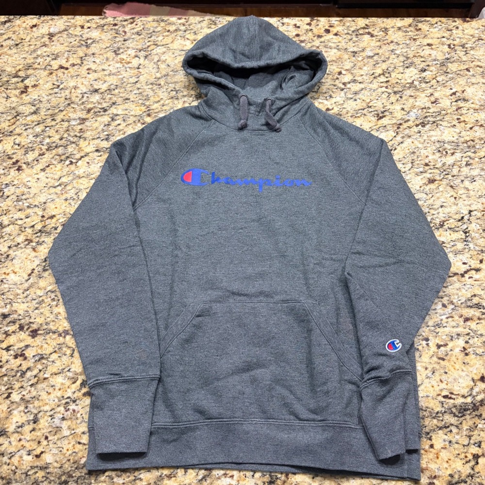 Champion Mens Hoodie Medium Gray Script Logo Pullover Sweatshirt Raglan Sleeve